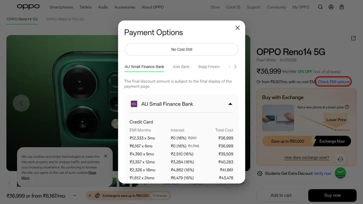 Step 2 to search bank EMI offers for OPPO Reno14 5G on OPPO Store