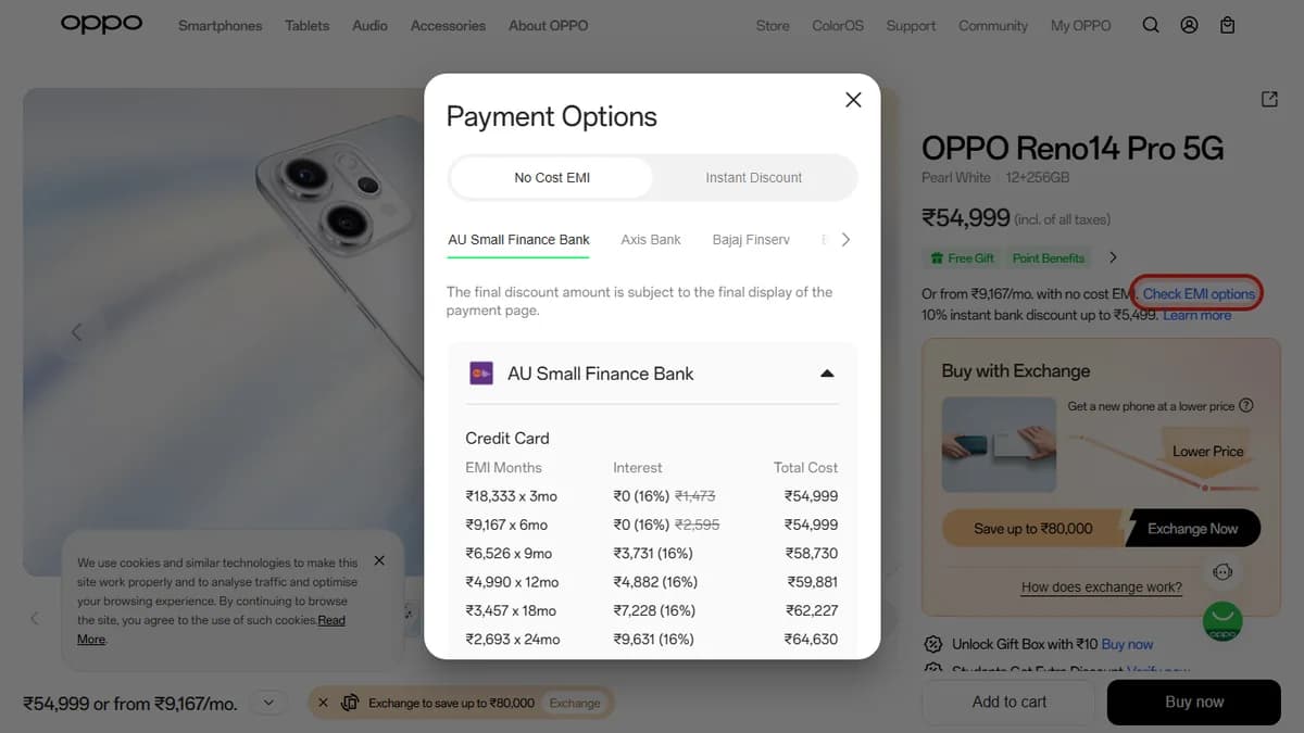 Step 2 to search bank EMI offers for OPPO Reno14 Pro 5G on OPPO Store