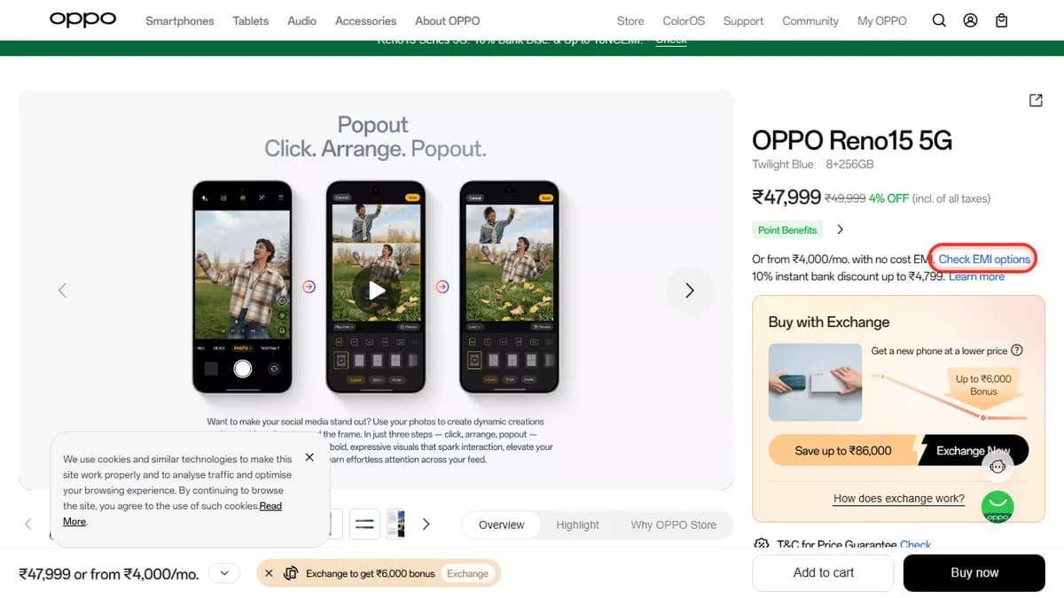 Step 1 to check EMI for OPPO Reno15 5G on OPPO Store