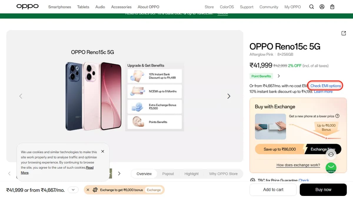 Step 1 to check EMI for OPPO Reno15c 5G on OPPO Store