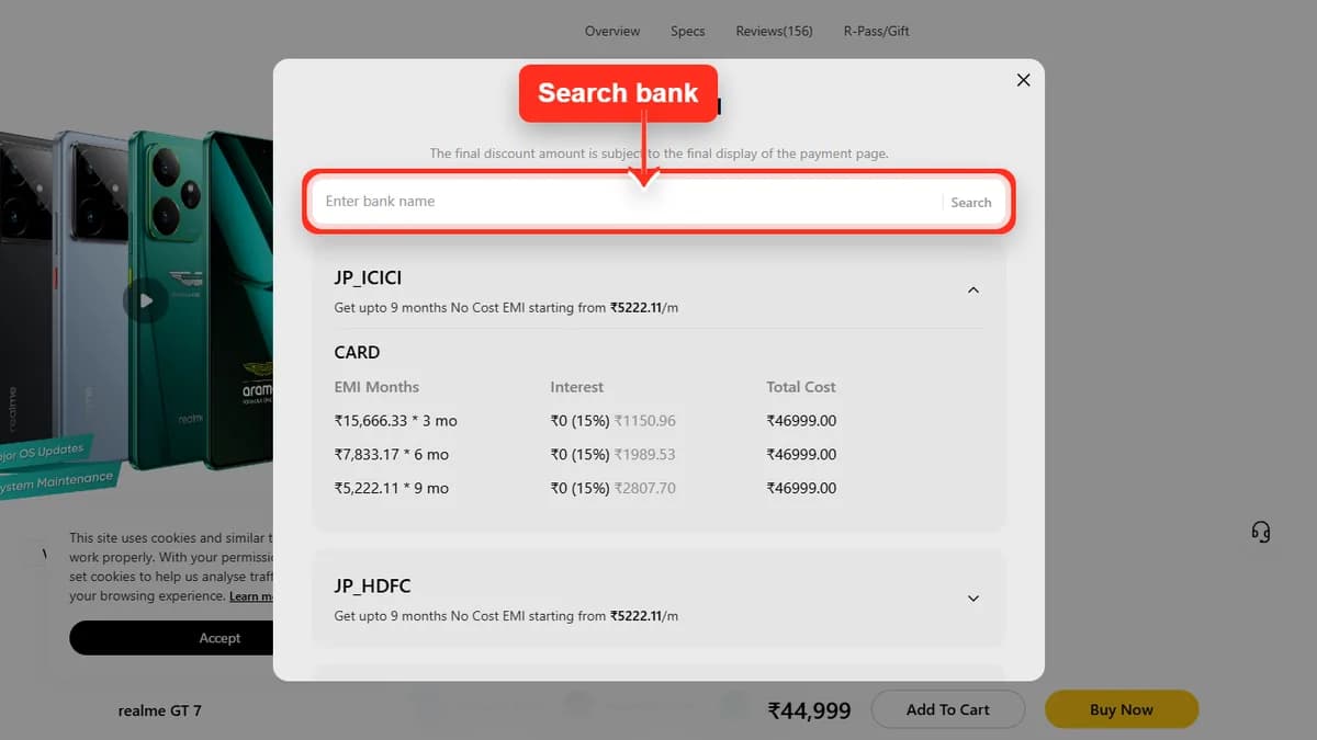 Step 2 to search bank EMI offers for realme GT 7 on Realme Store