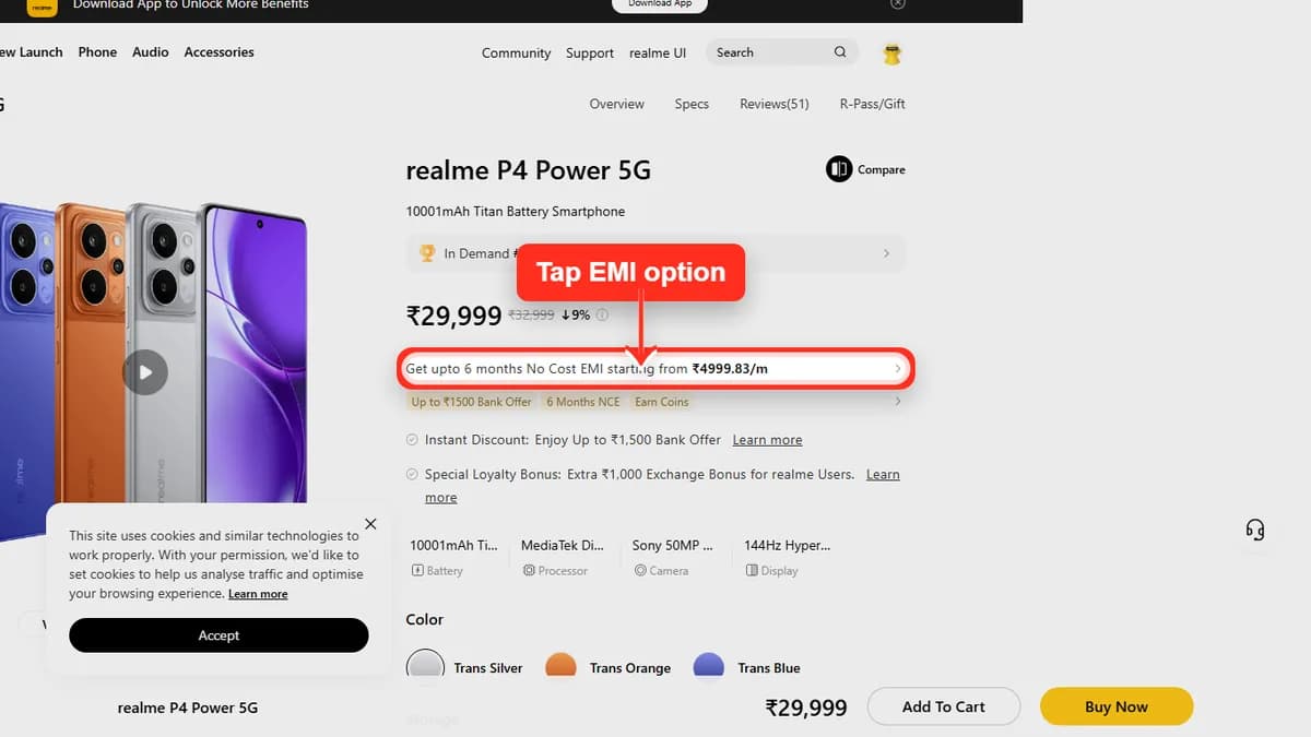 Step 1 to check EMI for realme P4 Power 5G on Realme Store
