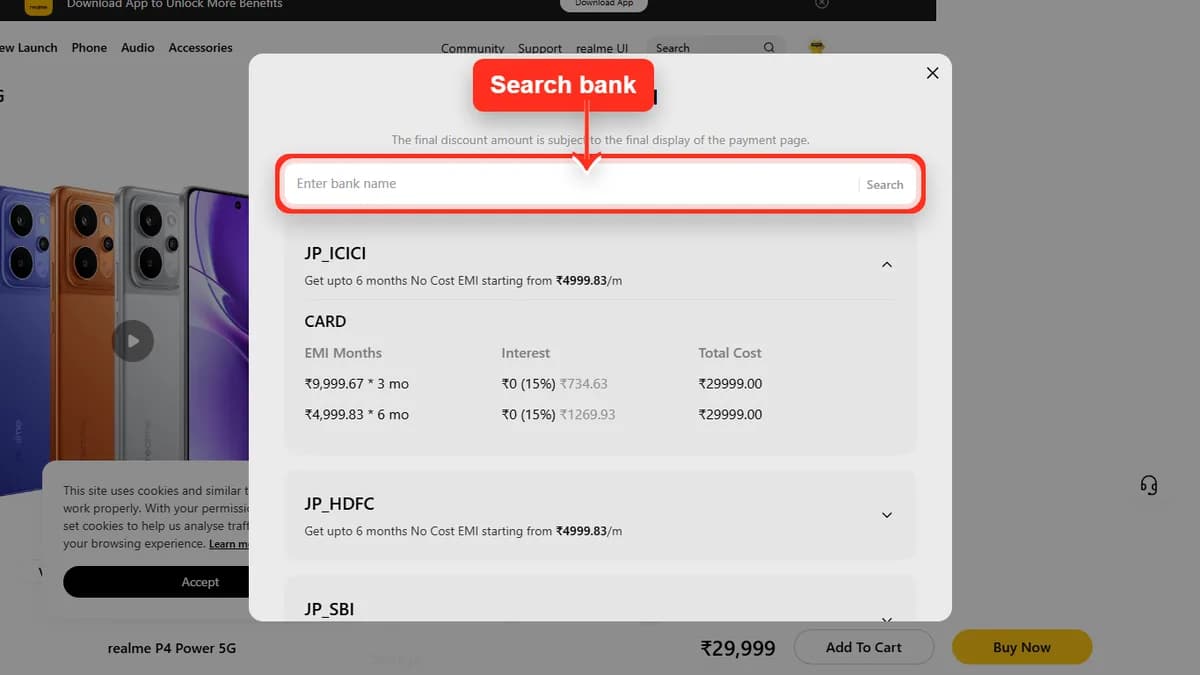 Step 2 to search bank EMI offers for realme P4 Power 5G on Realme Store