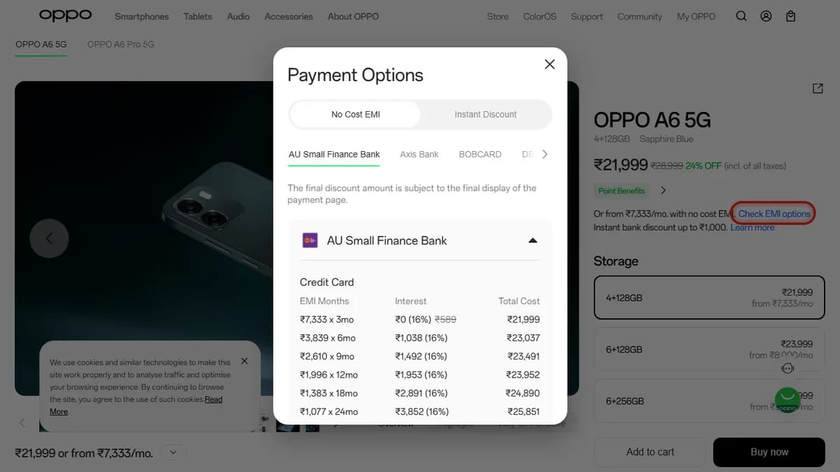 Step 2 to search bank EMI offers for OPPO A6 5G on OPPO Store