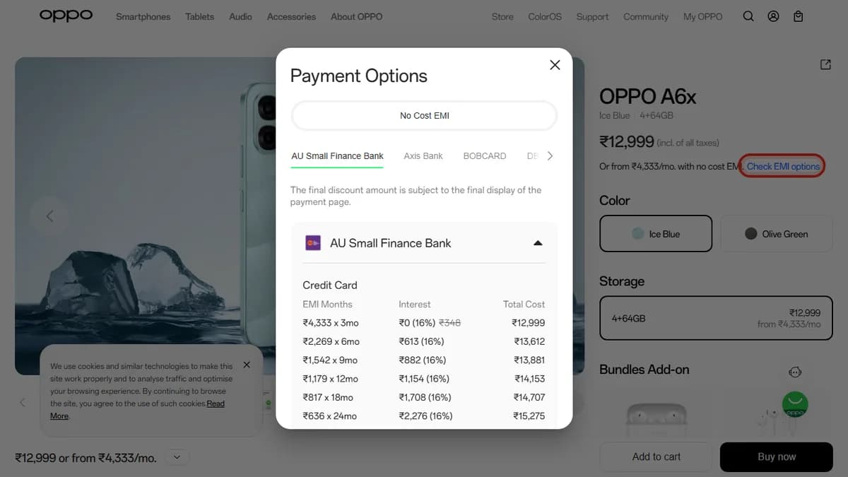 Step 2 to search bank EMI offers for OPPO A6x on OPPO Store