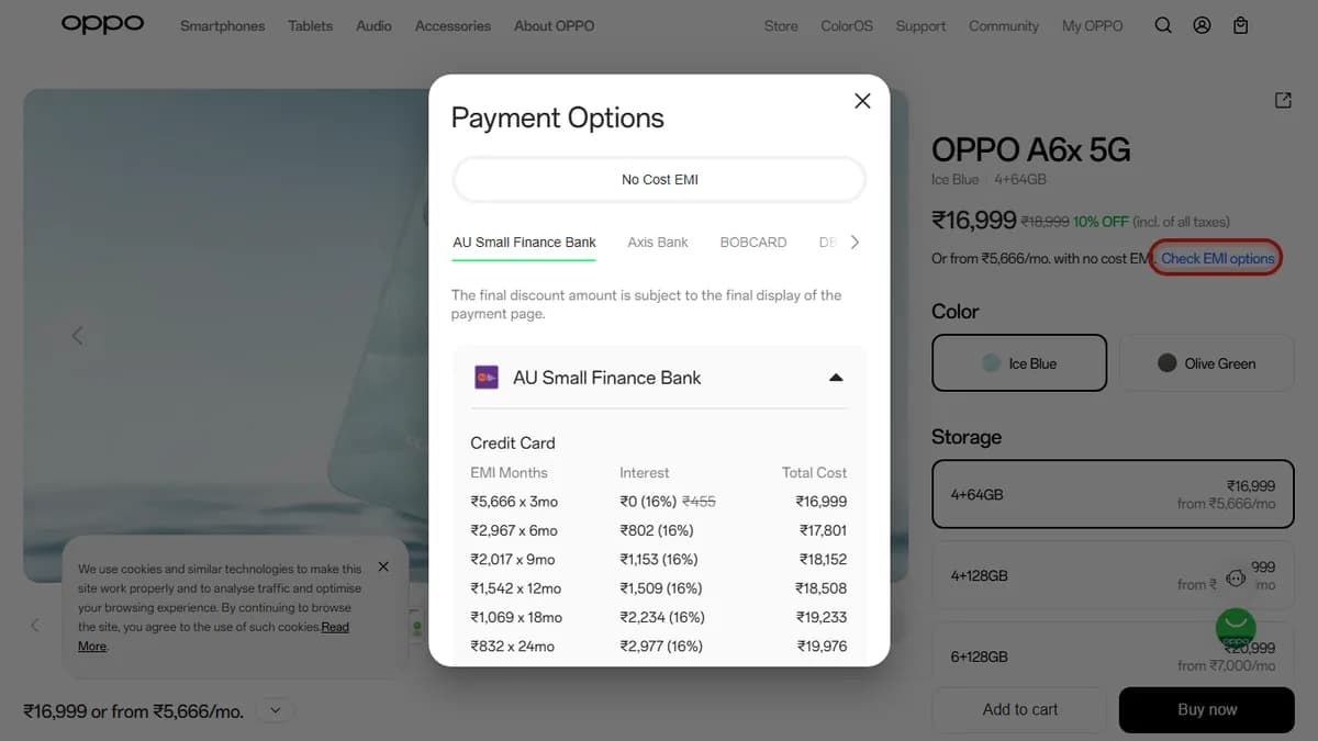 Step 2 to search bank EMI offers for OPPO A6x 5G on OPPO Store
