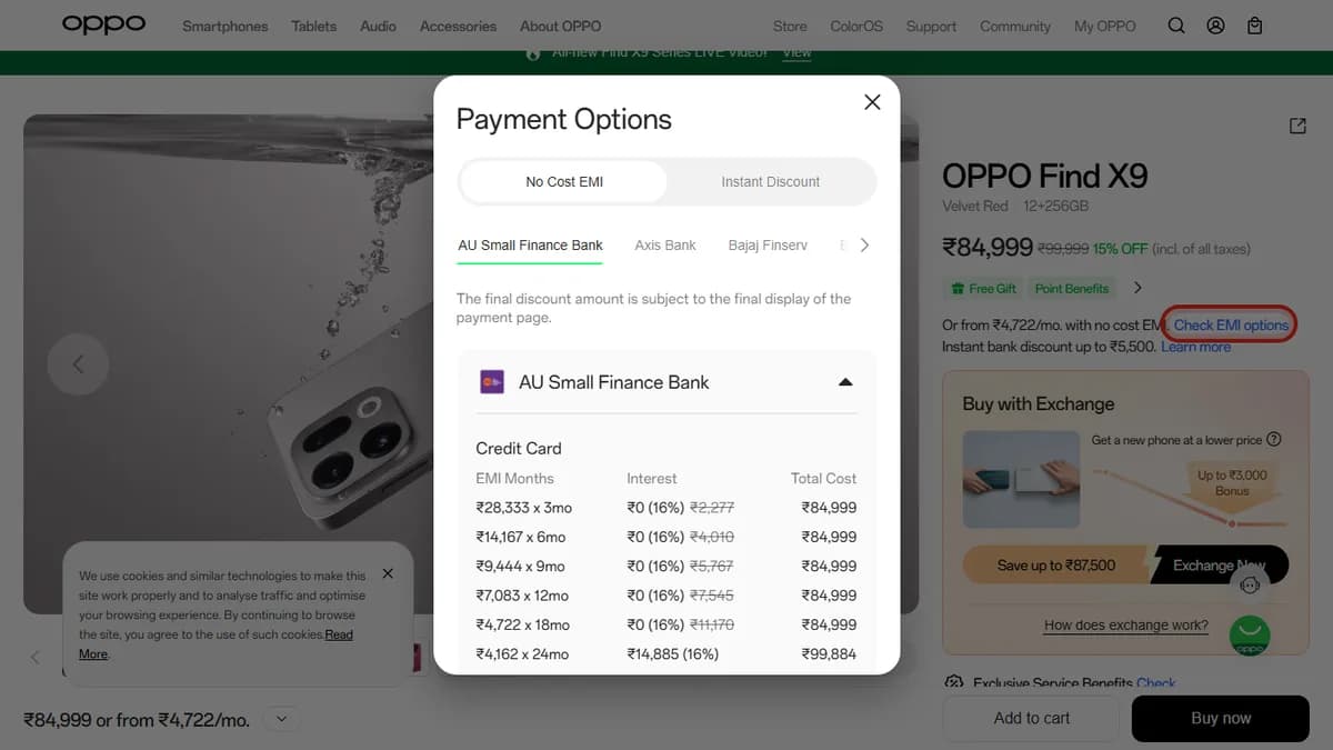Step 2 to search bank EMI offers for OPPO Find X9 on OPPO Store