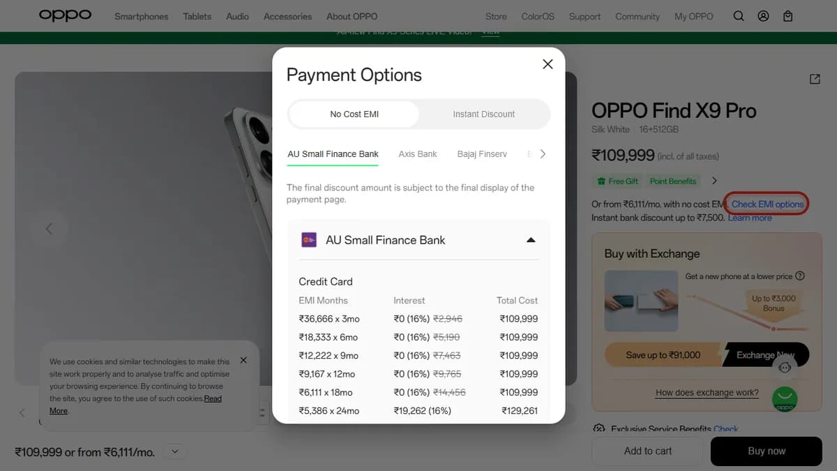 Step 2 to search bank EMI offers for OPPO Find X9 Pro on OPPO Store
