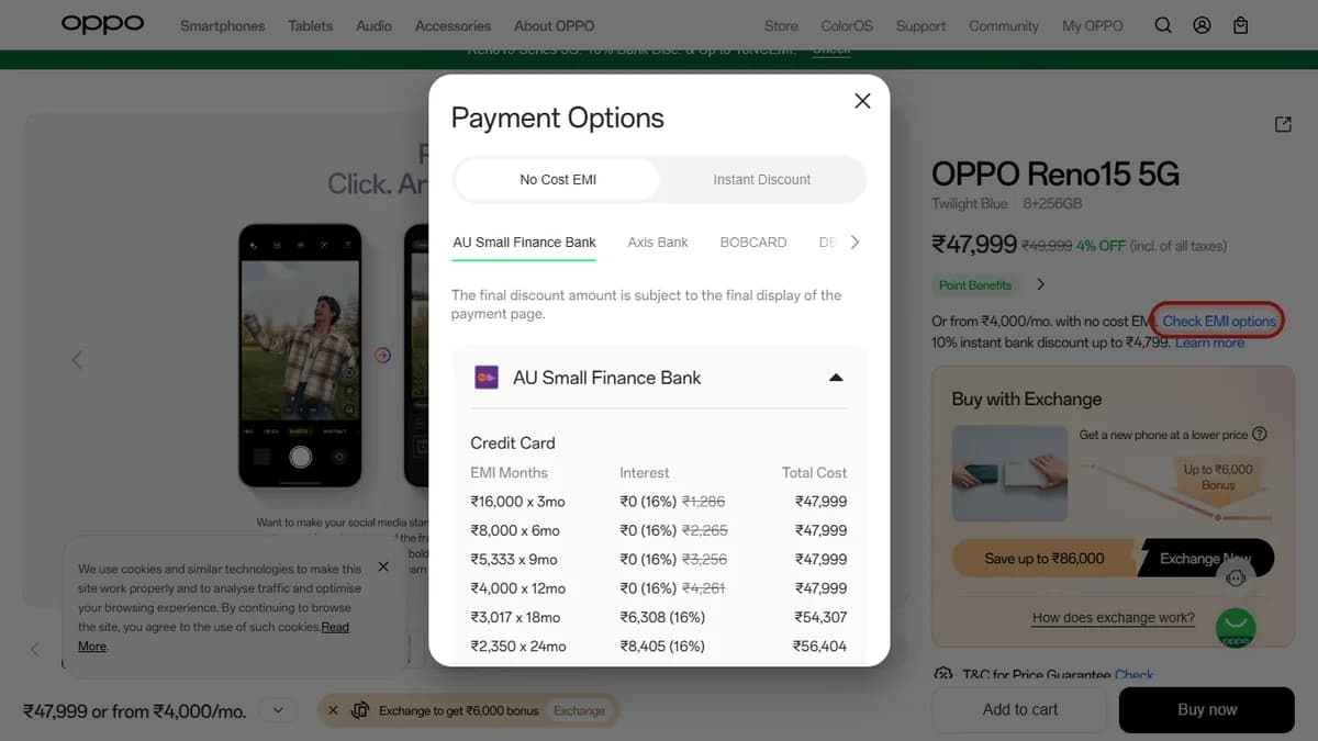 Step 2 to search bank EMI offers for OPPO Reno15 5G on OPPO Store