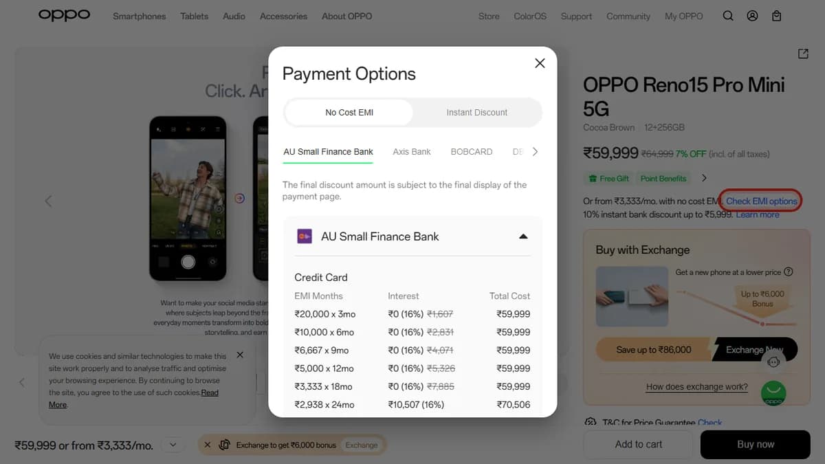 Step 2 to search bank EMI offers for OPPO Reno15 Pro Mini 5G on OPPO Store