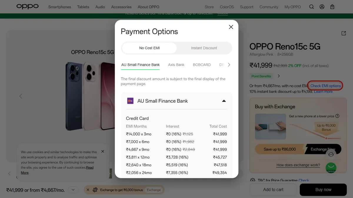Step 2 to search bank EMI offers for OPPO Reno15c 5G on OPPO Store
