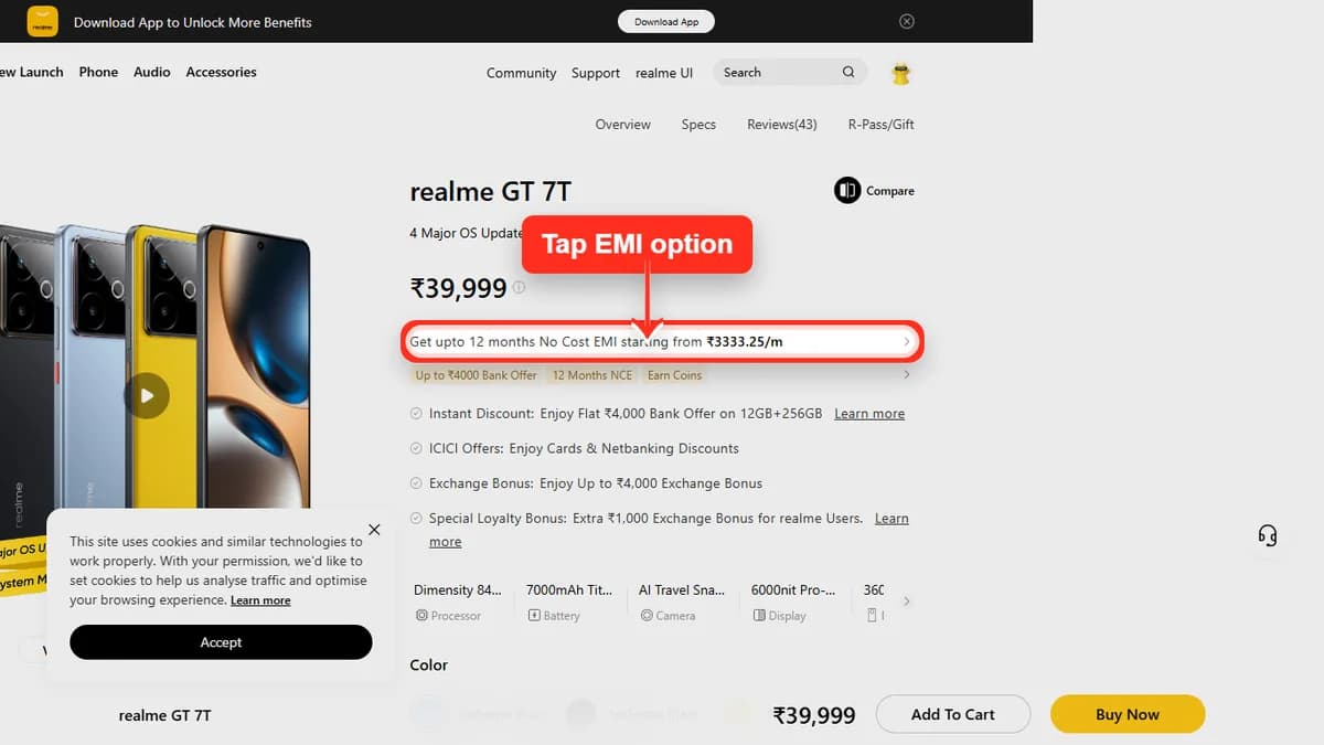Step 1 to check EMI for realme GT 7T on Realme Store