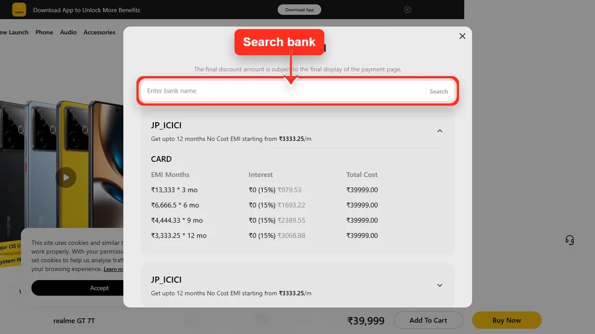 Step 2 to search bank EMI offers for realme GT 7T on Realme Store