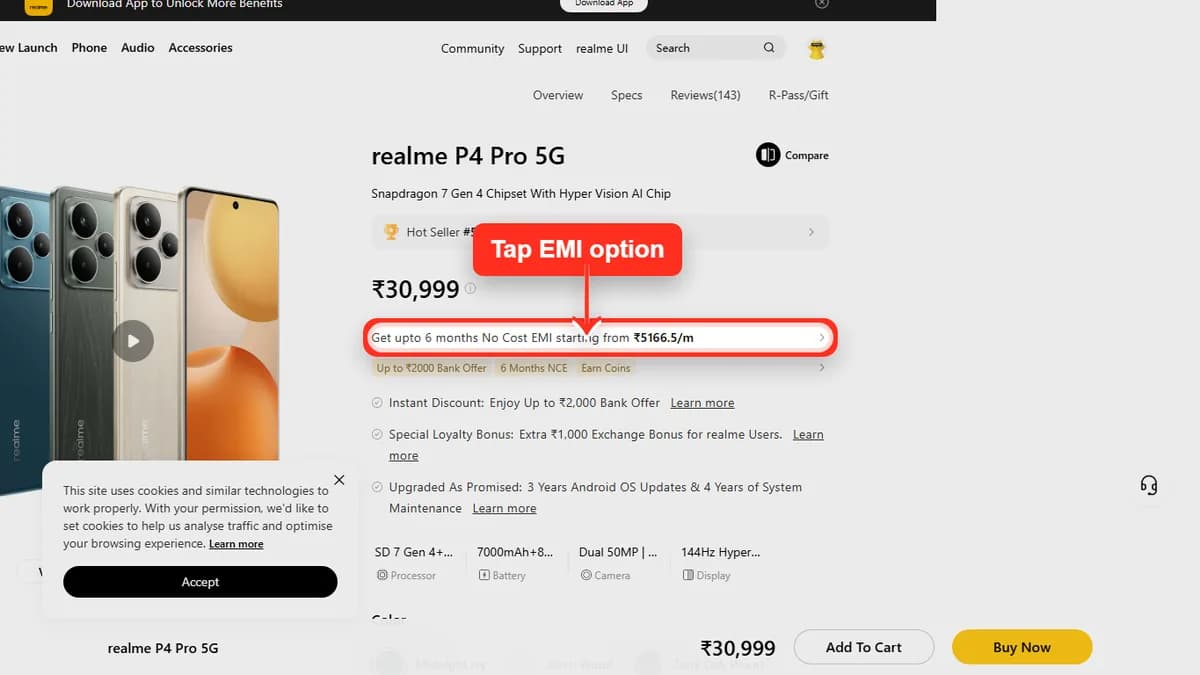 Step 1 to check EMI for realme P4 Pro 5G on Realme Store