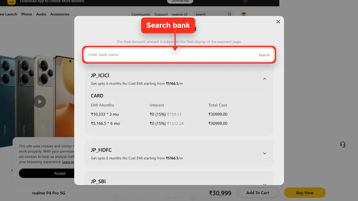 Step 2 to search bank EMI offers for realme P4 Pro 5G on Realme Store