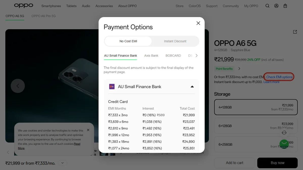 Step 2 to search bank EMI offers for OPPO A6 5G on OPPO Store