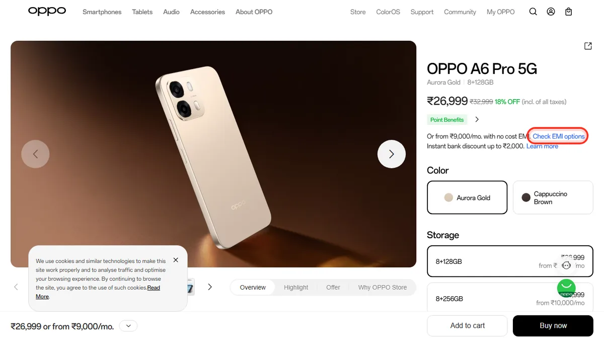 Step 1 to check EMI for OPPO A6 Pro 5G on OPPO Store