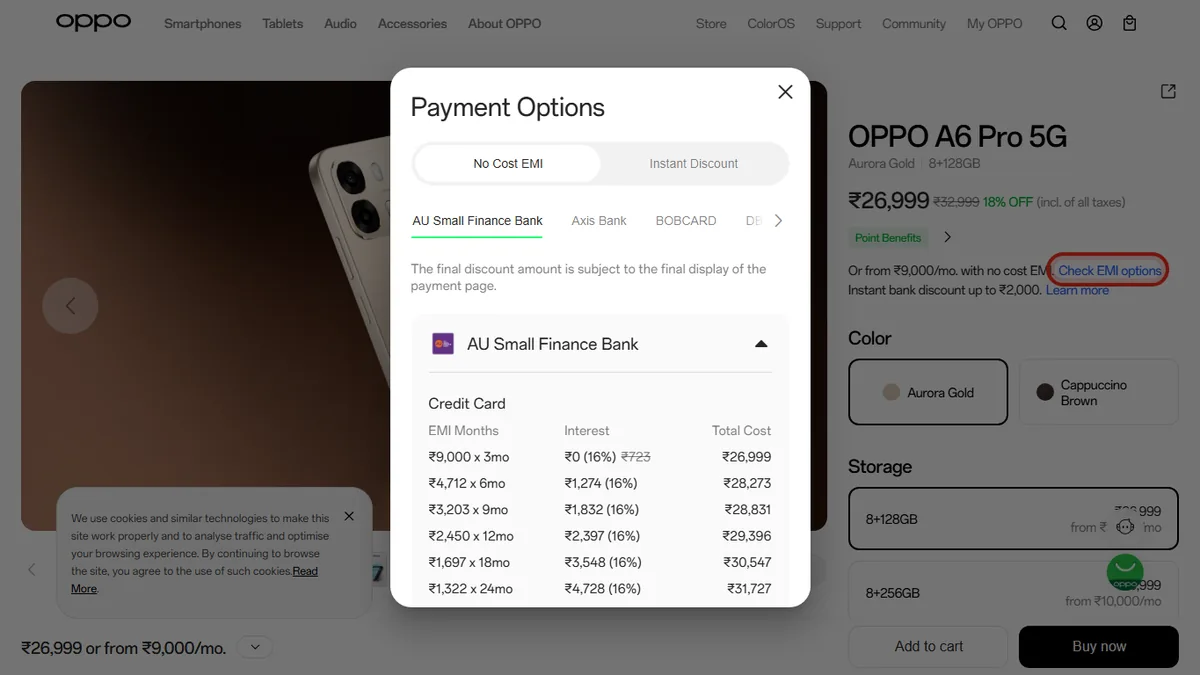 Step 2 to search bank EMI offers for OPPO A6 Pro 5G on OPPO Store
