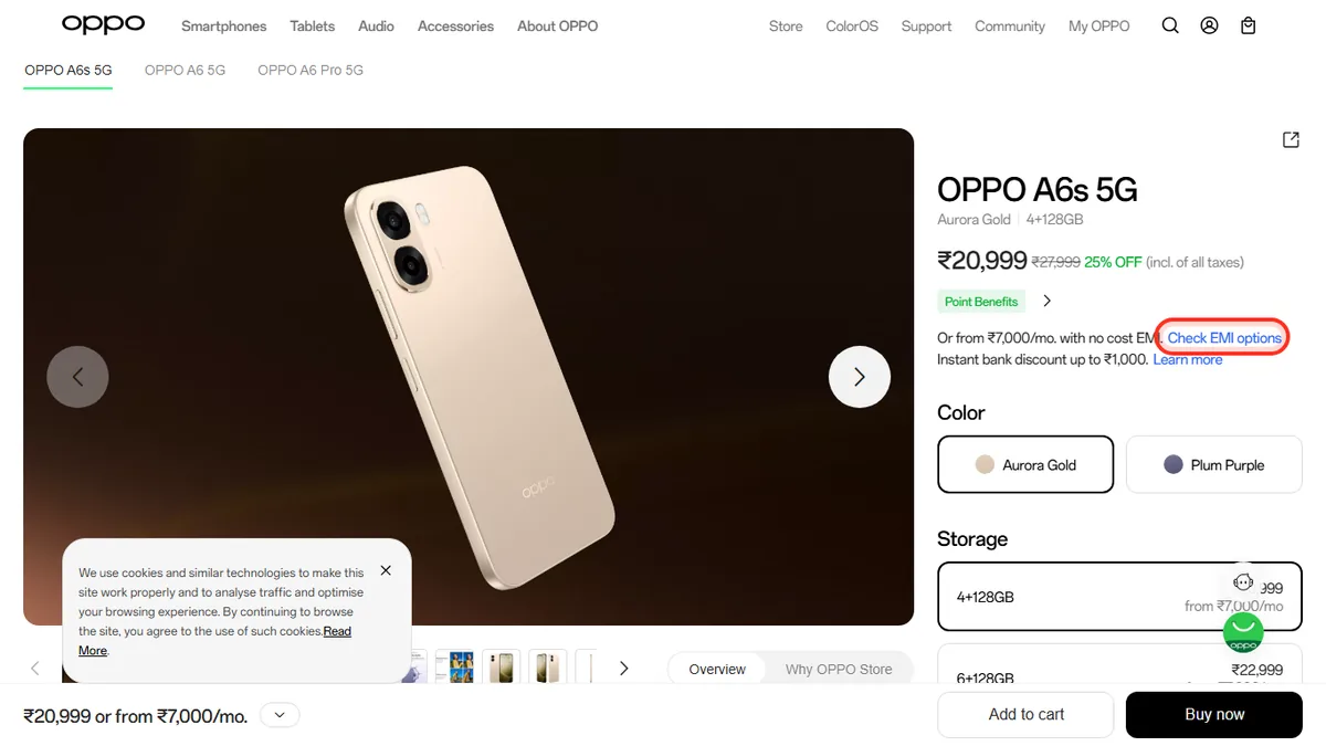 Step 1 to check EMI for OPPO A6s 5G on OPPO Store