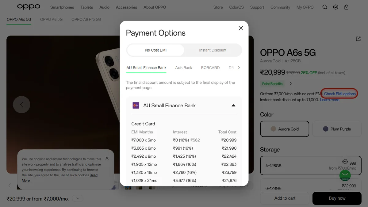 Step 2 to search bank EMI offers for OPPO A6s 5G on OPPO Store