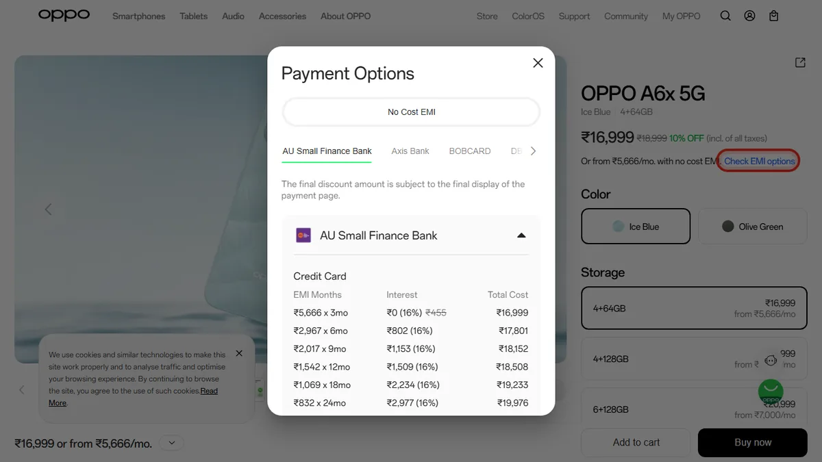 Step 2 to search bank EMI offers for OPPO A6x 5G on OPPO Store