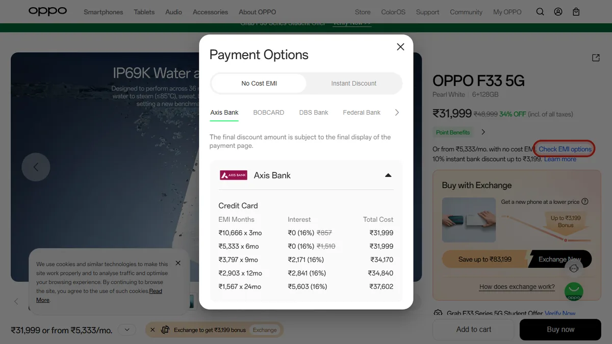 Step 2 to search bank EMI offers for OPPO F33 5G on OPPO Store