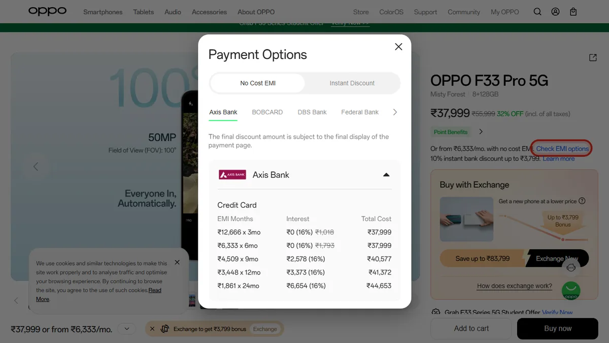 Step 2 to search bank EMI offers for OPPO F33 Pro 5G on OPPO Store