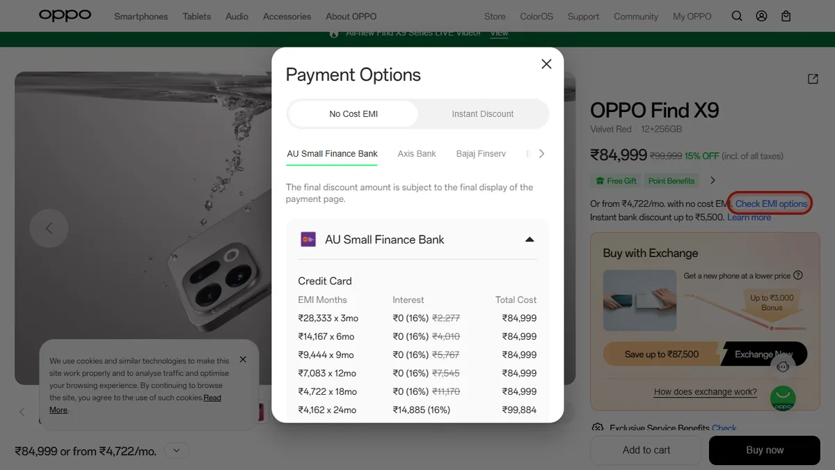 Step 2 to search bank EMI offers for OPPO Find X9 on OPPO Store