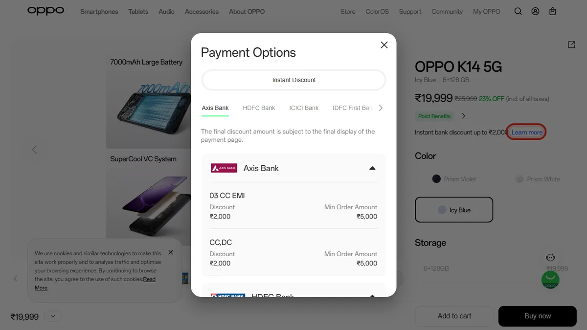 Step 2 to search bank EMI offers for OPPO K14 5G on OPPO Store