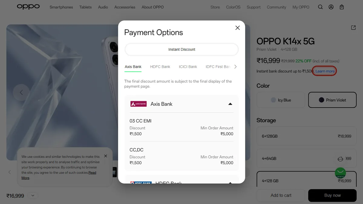 Step 2 to search bank EMI offers for OPPO K14x 5G on OPPO Store