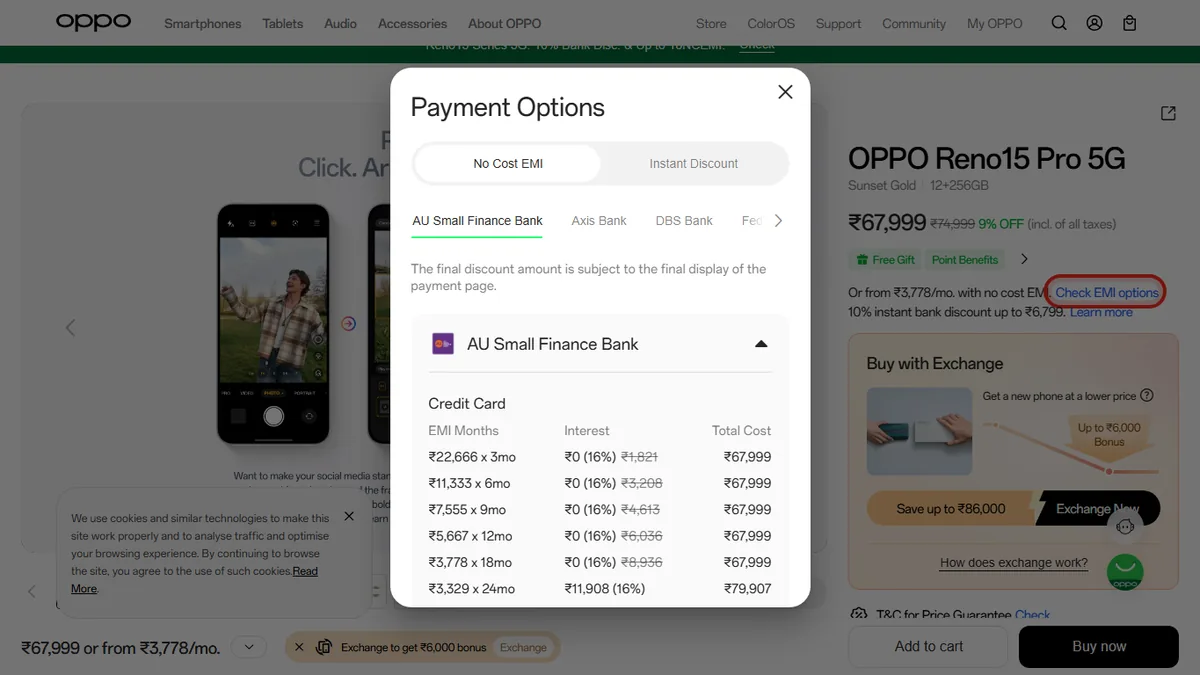 Step 2 to search bank EMI offers for OPPO Reno15 Pro 5G on OPPO Store