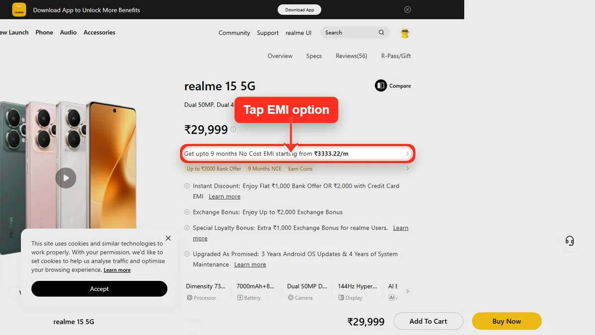 Step 1 to check EMI for realme 15 5G on Realme Store