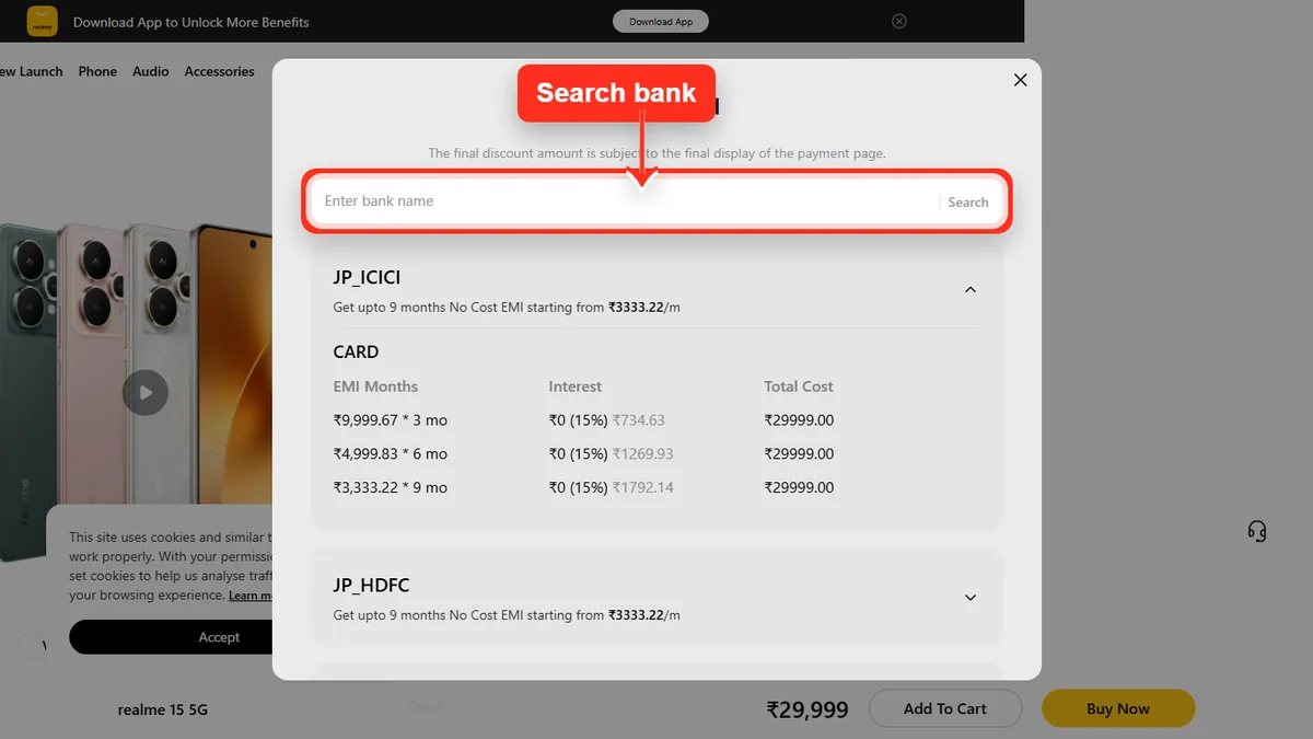 Step 2 to search bank EMI offers for realme 15 5G on Realme Store