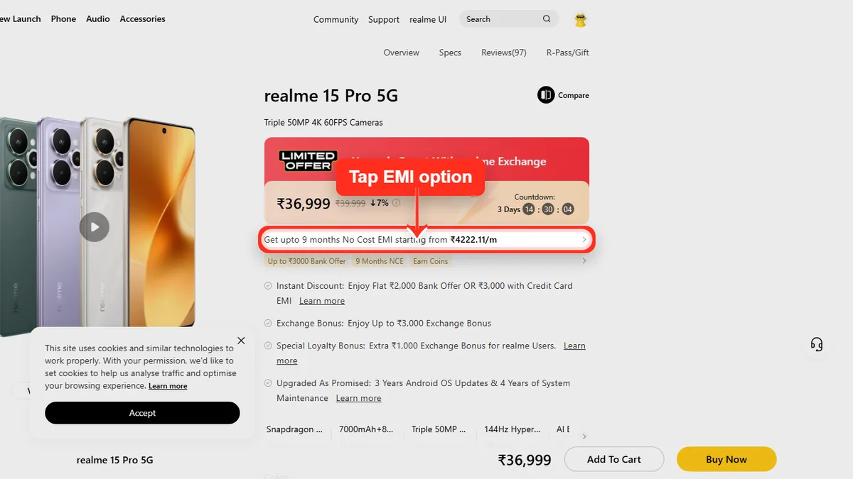 Step 1 to check EMI for realme 15 Pro 5G on Realme Store