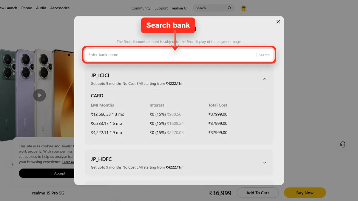 Step 2 to search bank EMI offers for realme 15 Pro 5G on Realme Store