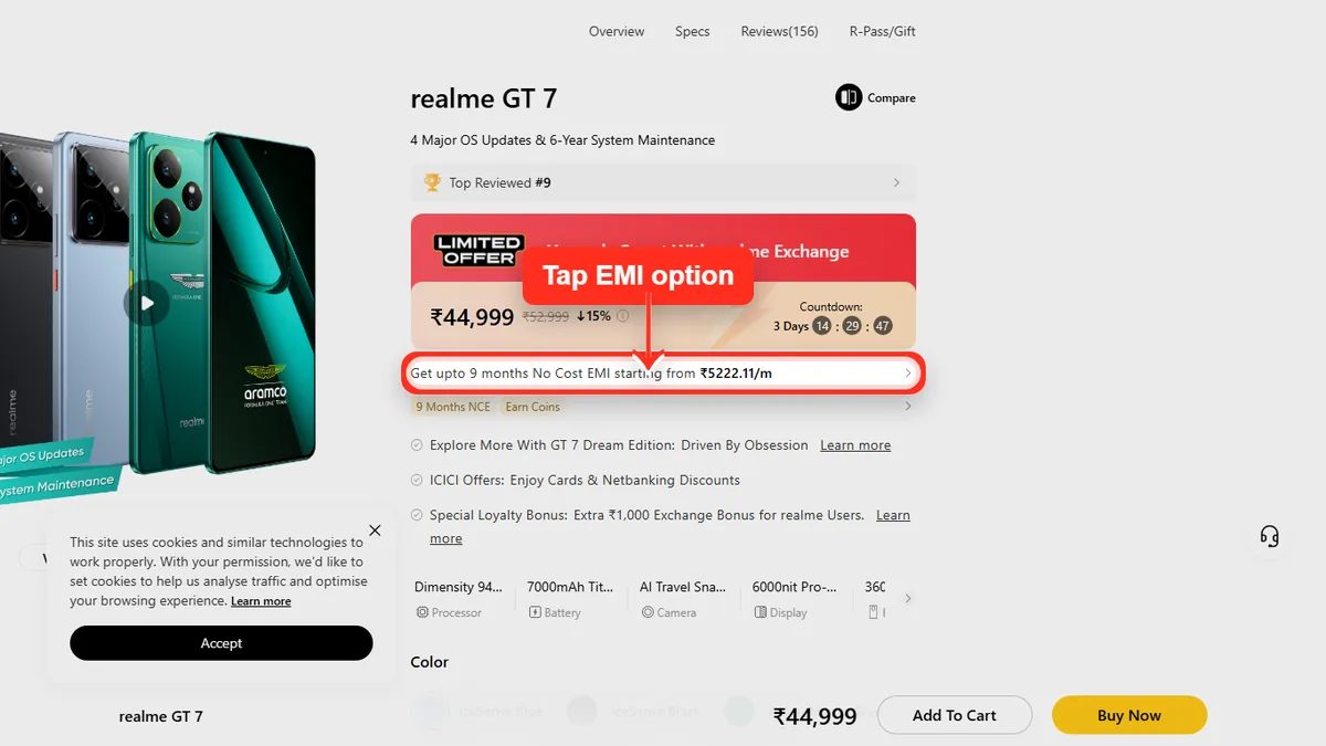 Step 1 to check EMI for realme GT 7 on Realme Store
