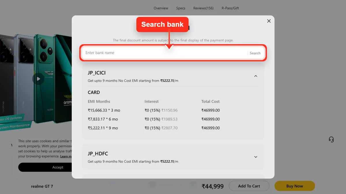 Step 2 to search bank EMI offers for realme GT 7 on Realme Store