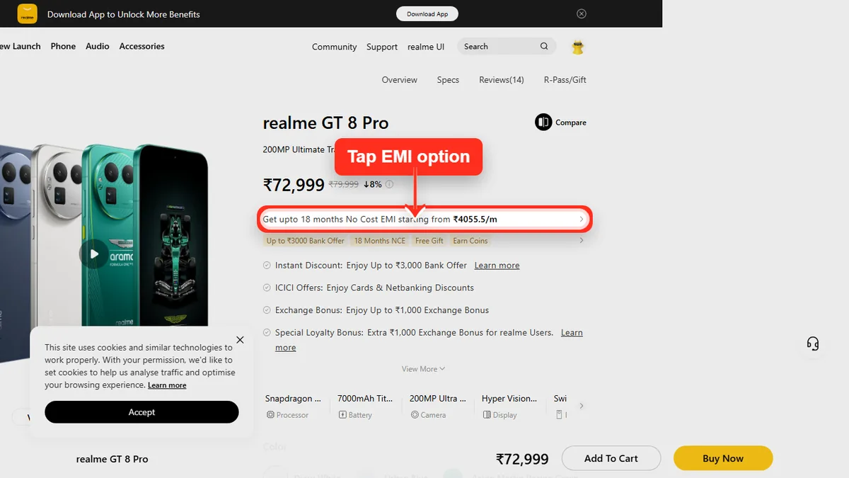 Step 1 to check EMI for realme GT 8 Pro on Realme Store