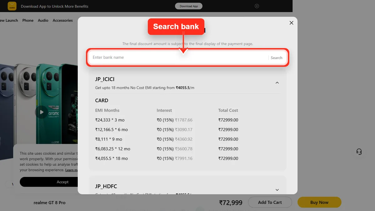 Step 2 to search bank EMI offers for realme GT 8 Pro on Realme Store