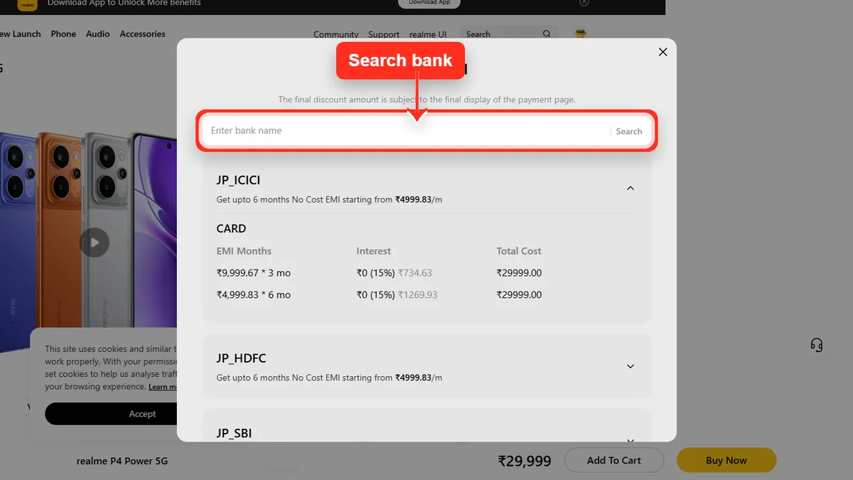 Step 2 to search bank EMI offers for realme P4 Power 5G on Realme Store