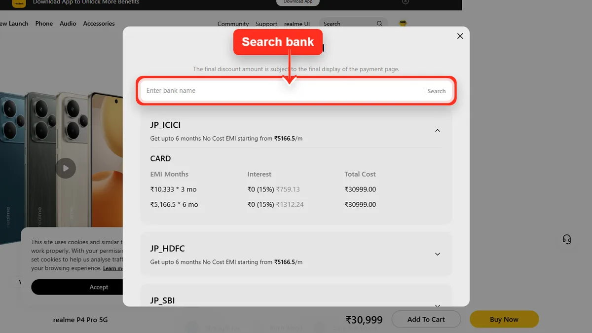 Step 2 to search bank EMI offers for realme P4 Pro 5G on Realme Store