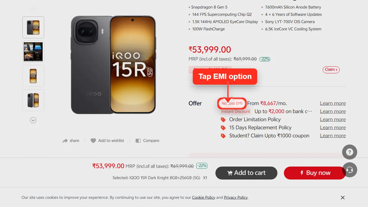 Step 1 to check EMI for vivo iQOO 15R on Vivo Store