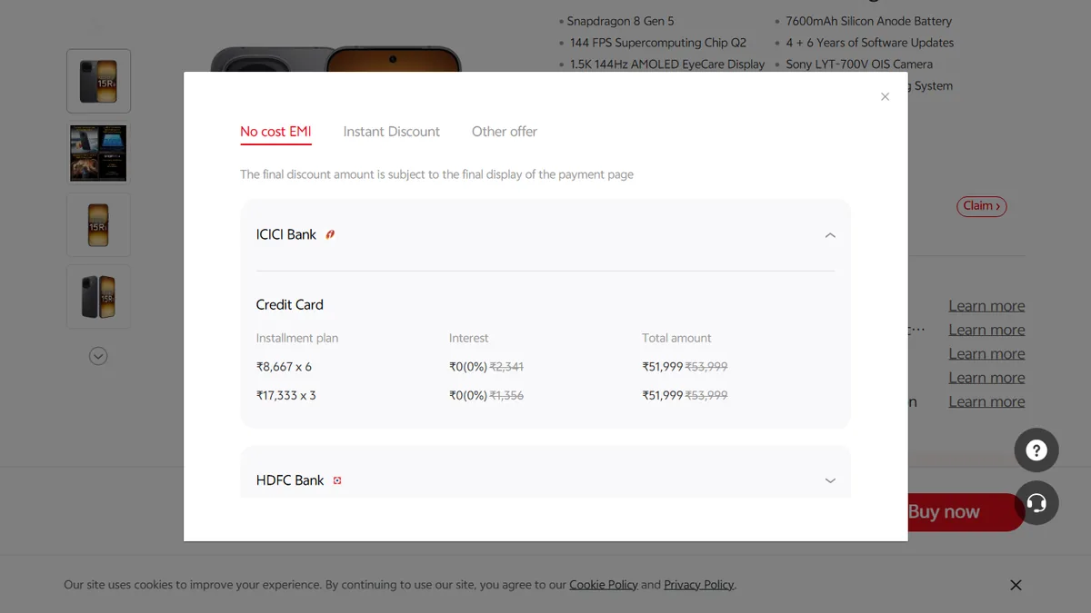 Step 2 to search bank EMI offers for vivo iQOO 15R on Vivo Store