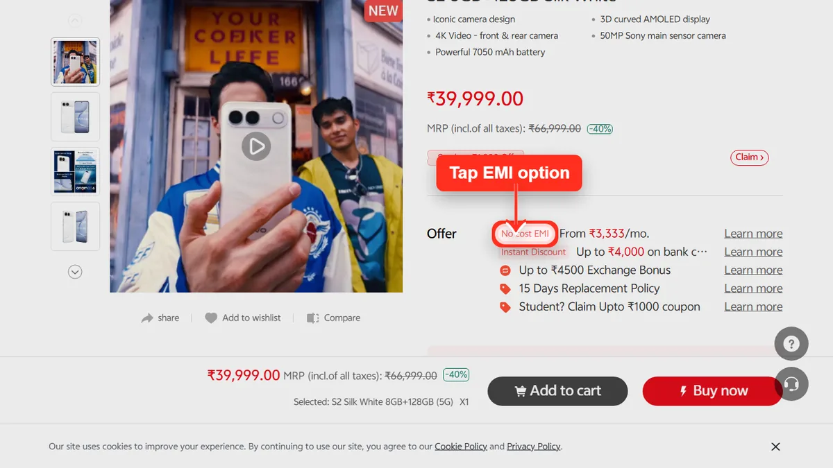 Step 1 to check EMI for vivo S2 on Vivo Store