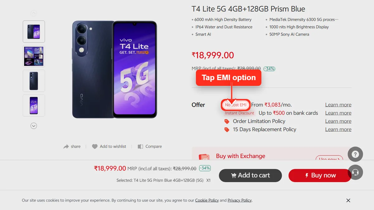 Step 1 to check EMI for vivo T4 Lite 5G on Vivo Store