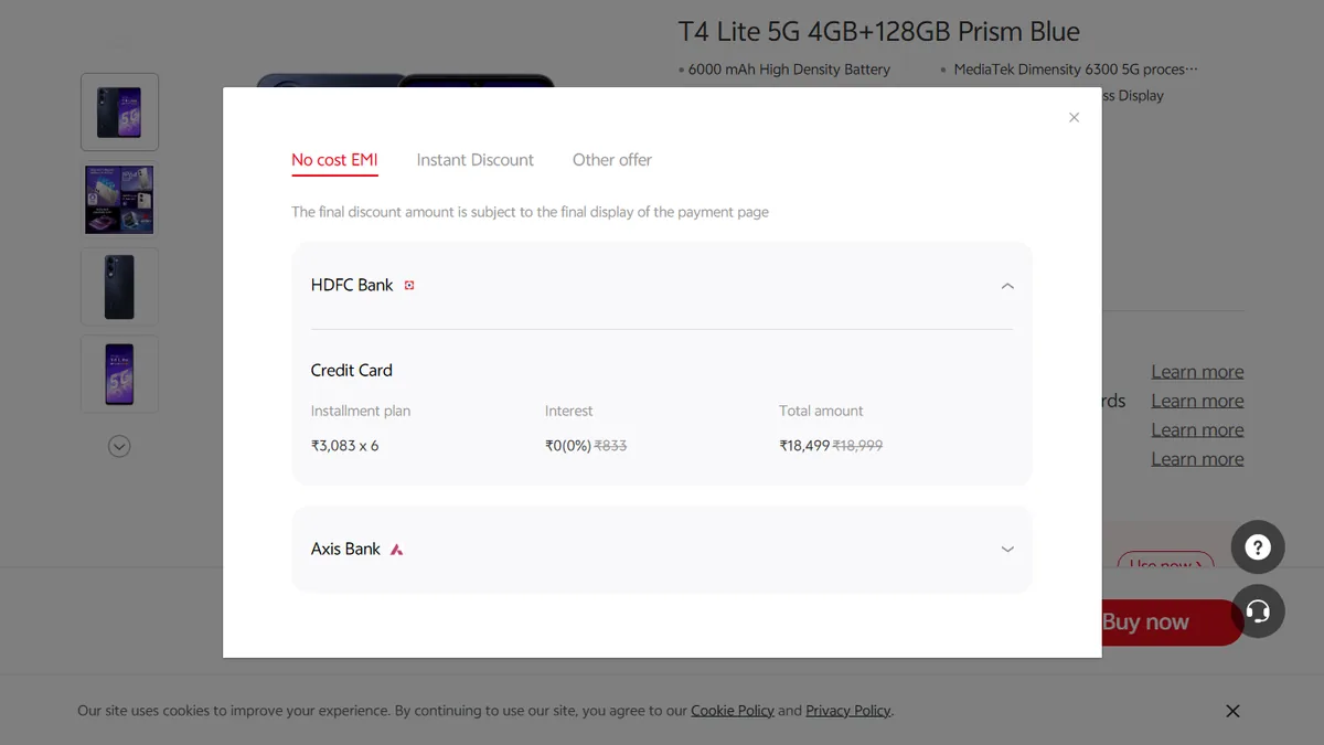 Step 2 to search bank EMI offers for vivo T4 Lite 5G on Vivo Store