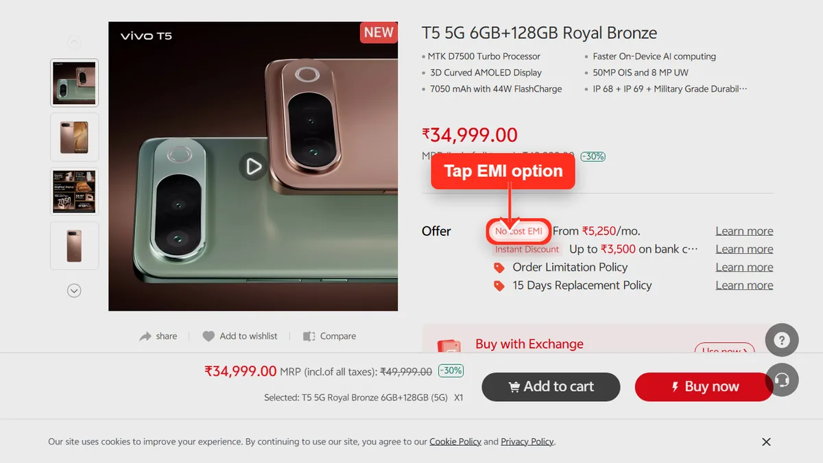Step 1 to check EMI for vivo T5 5G on Vivo Store
