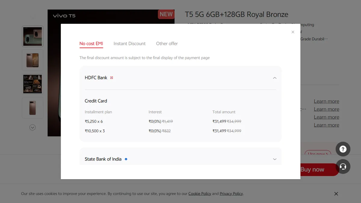 Step 2 to search bank EMI offers for vivo T5 5G on Vivo Store