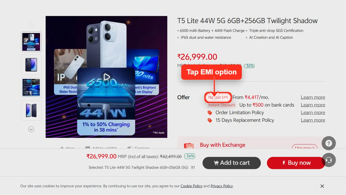 Step 1 to check EMI for vivo T5 Lite 44W 5G on Vivo Store