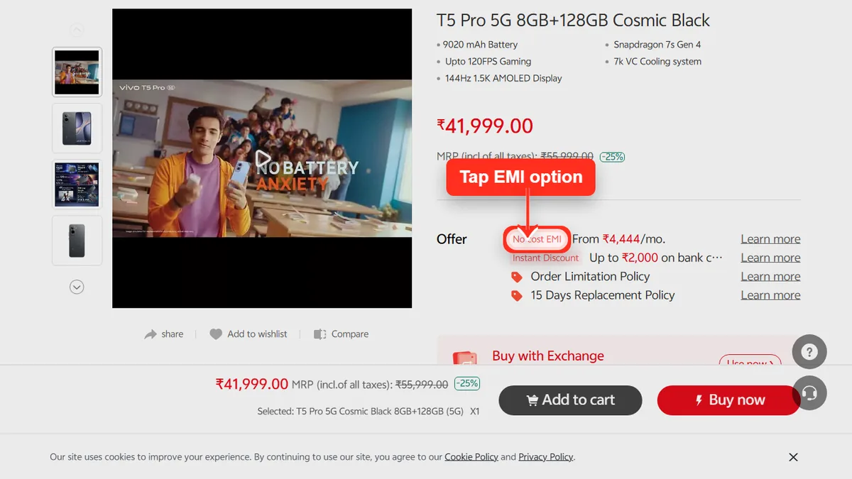 Step 1 to check EMI for vivo T5 Pro 5G on Vivo Store